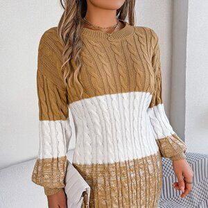 Cable-Knit Round Neck Color Block Sweater Dress